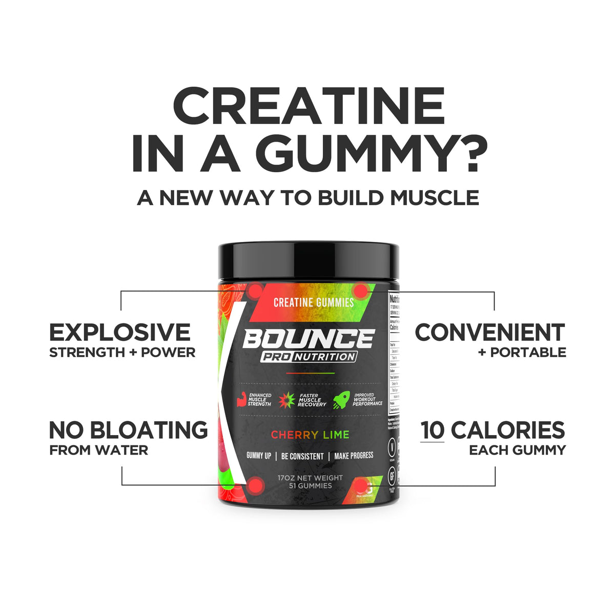 Close-up of Bounce Pro Creatine Monohydrate Gummies Cherry Lime