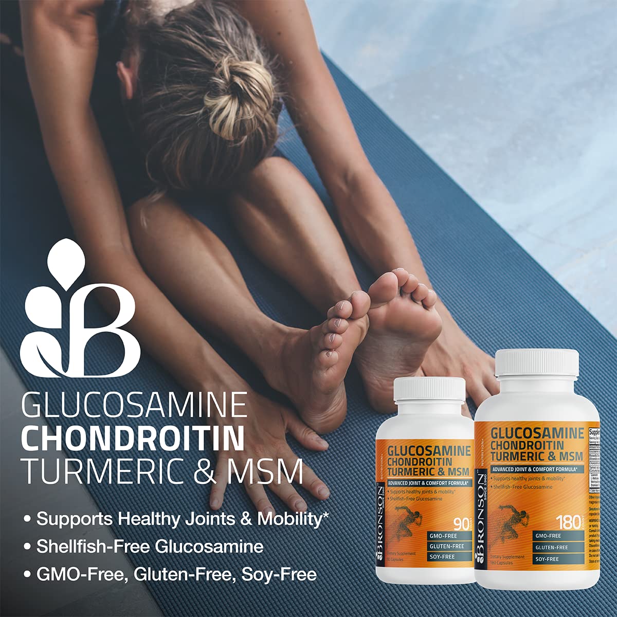 Close-up of Bronson Glucosamine Chondroitin Turmeric & MSM capsules