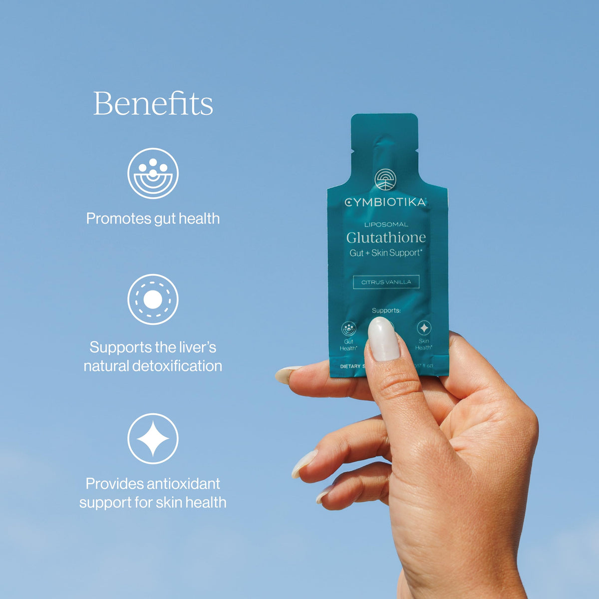 Close-up of CYMBIOTIKA Liposomal Glutathione single-serve packet