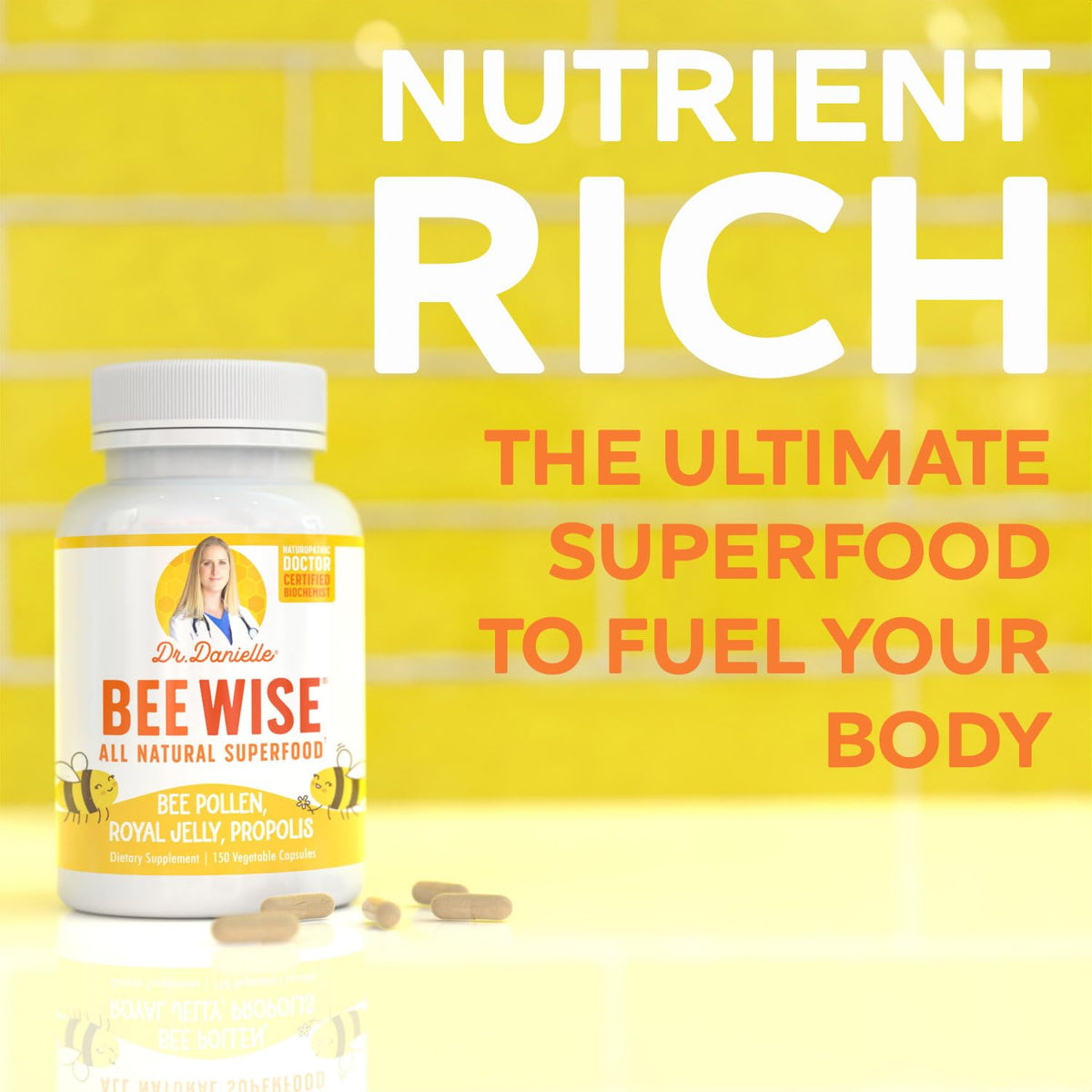 Close-up of Doctor Danielle Bee Wise Bee Pollen Supplement capsules