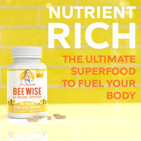 Close-up of Doctor Danielle Bee Wise Bee Pollen Supplement capsules