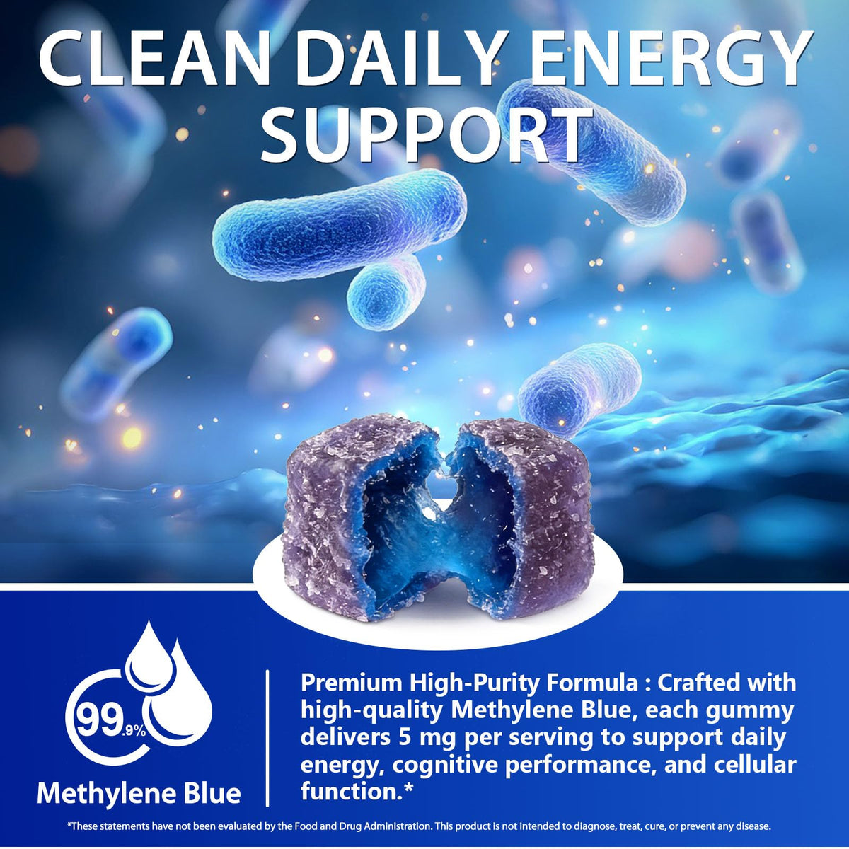 Close-up of Echoes of the Spring Methylene Blue Gummies showing texture