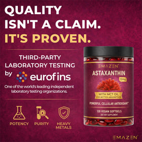 Close-up of EMAZEN Astaxanthin softgel showing size and shape