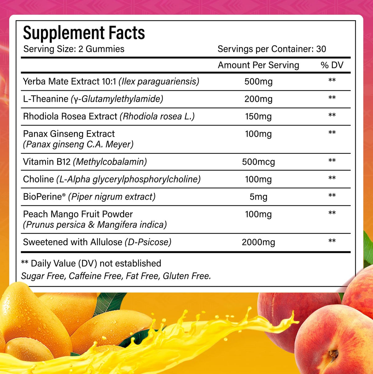 Close-up of FitVitality Yerba Mate Gummies showing Peach Mango flavour