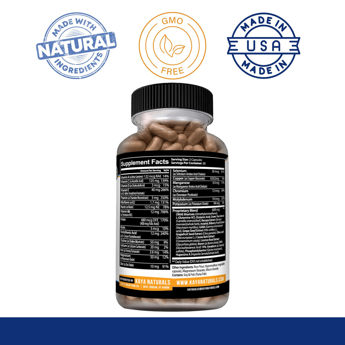Close-up of Kaya Naturals Nootropic Brain support capsules