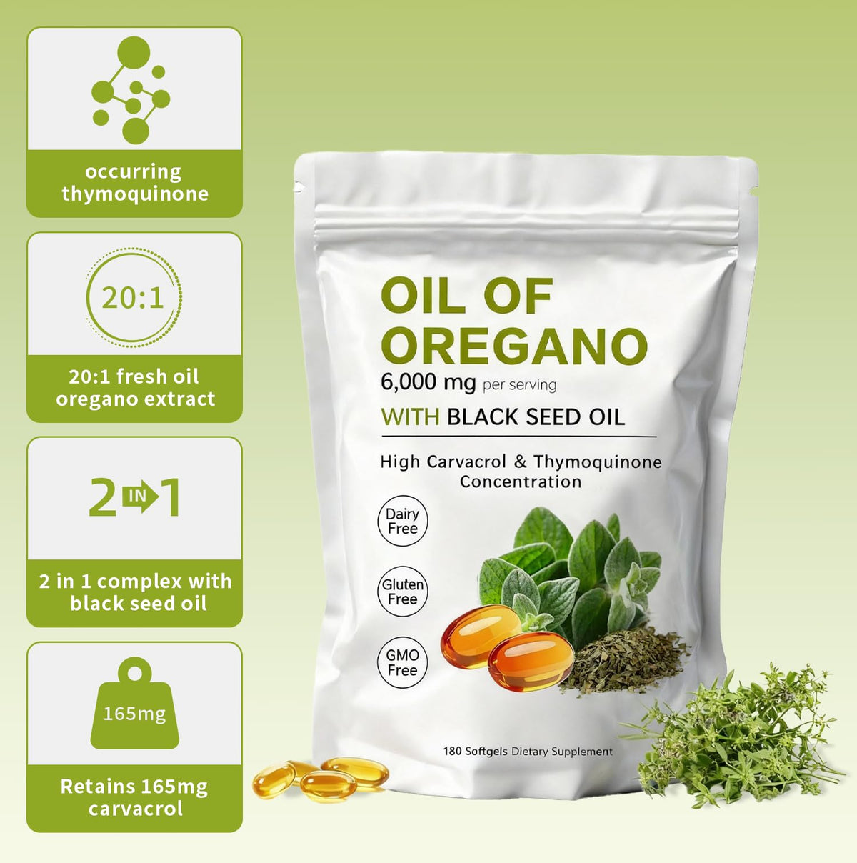 Close-up of KITABIO Oregano Oil Softgels with black seed oil