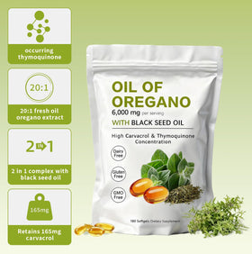 Close-up of KITABIO Oregano Oil Softgels with black seed oil