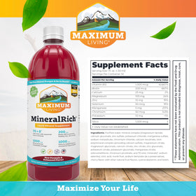 Close-up of Maximum Living MineralRich liquid inside bottle