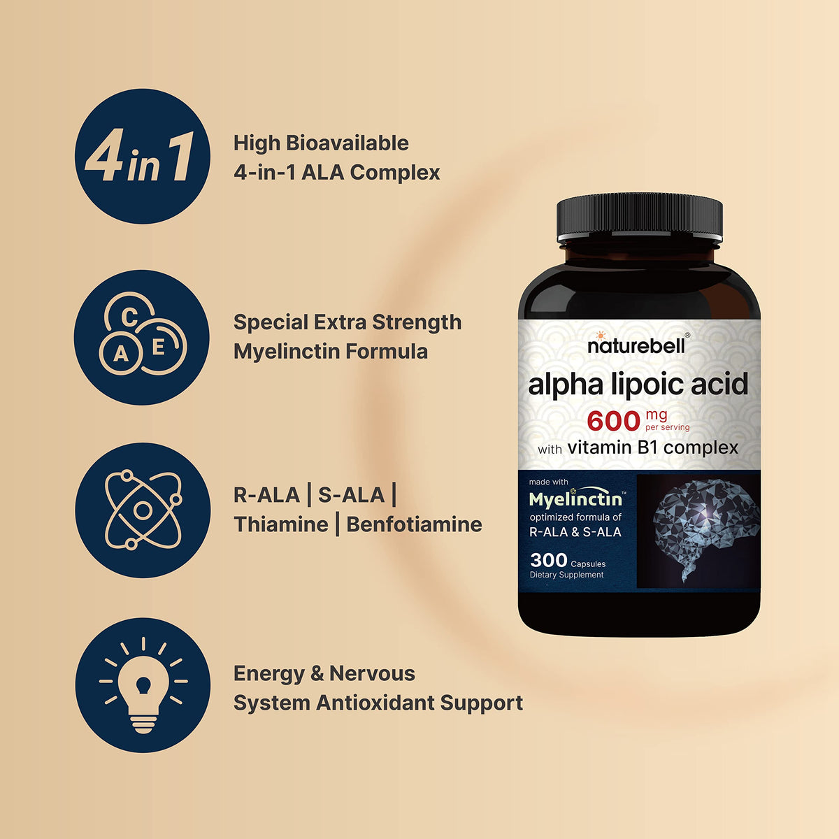 Close-up of NatureBell Alpha Lipoic Acid Complex capsules
