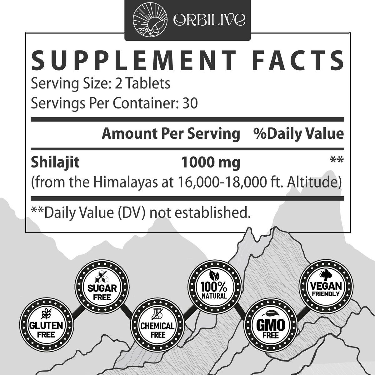 Close-up of ORBILIVE Shilajit Tablets showing tablet details