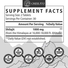 Close-up of ORBILIVE Shilajit Tablets showing tablet details