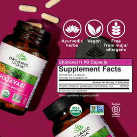 Close-up of ORGANIC INDIA Shatavari Capsules showing capsules