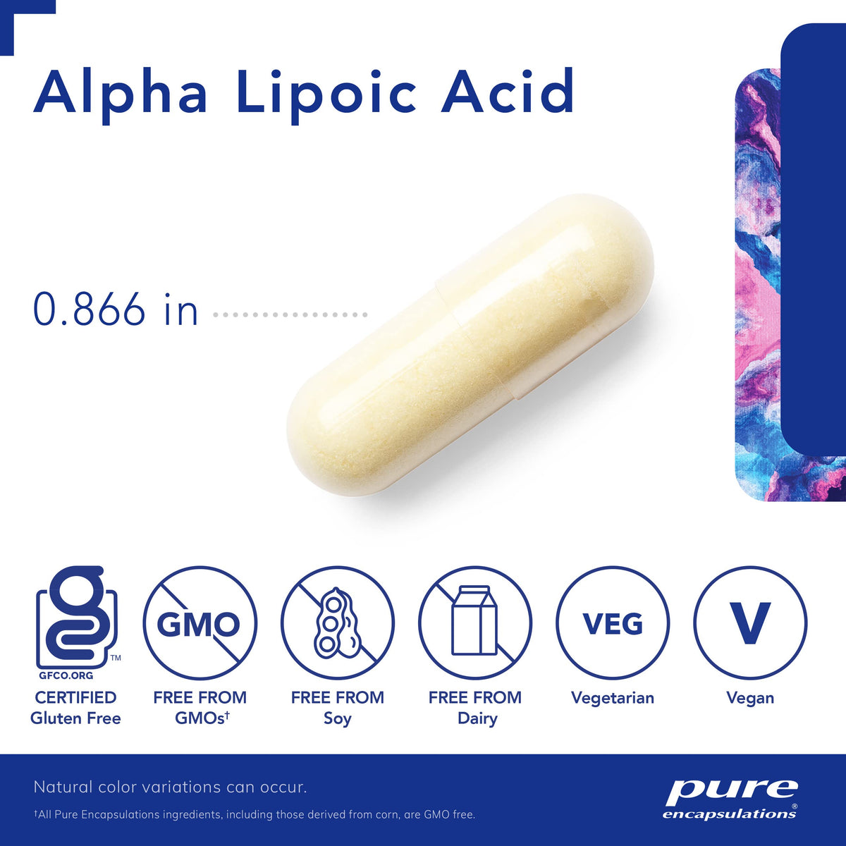 Close-up of Pure Encapsulations Alpha Lipoic Acid capsules