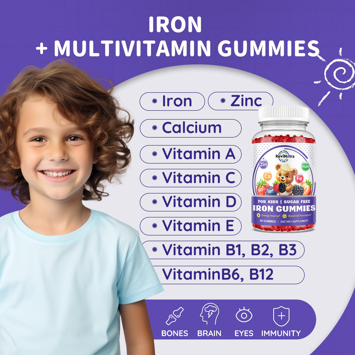 Close-up of ReviNutra Iron Gummies showing mixed berry colour