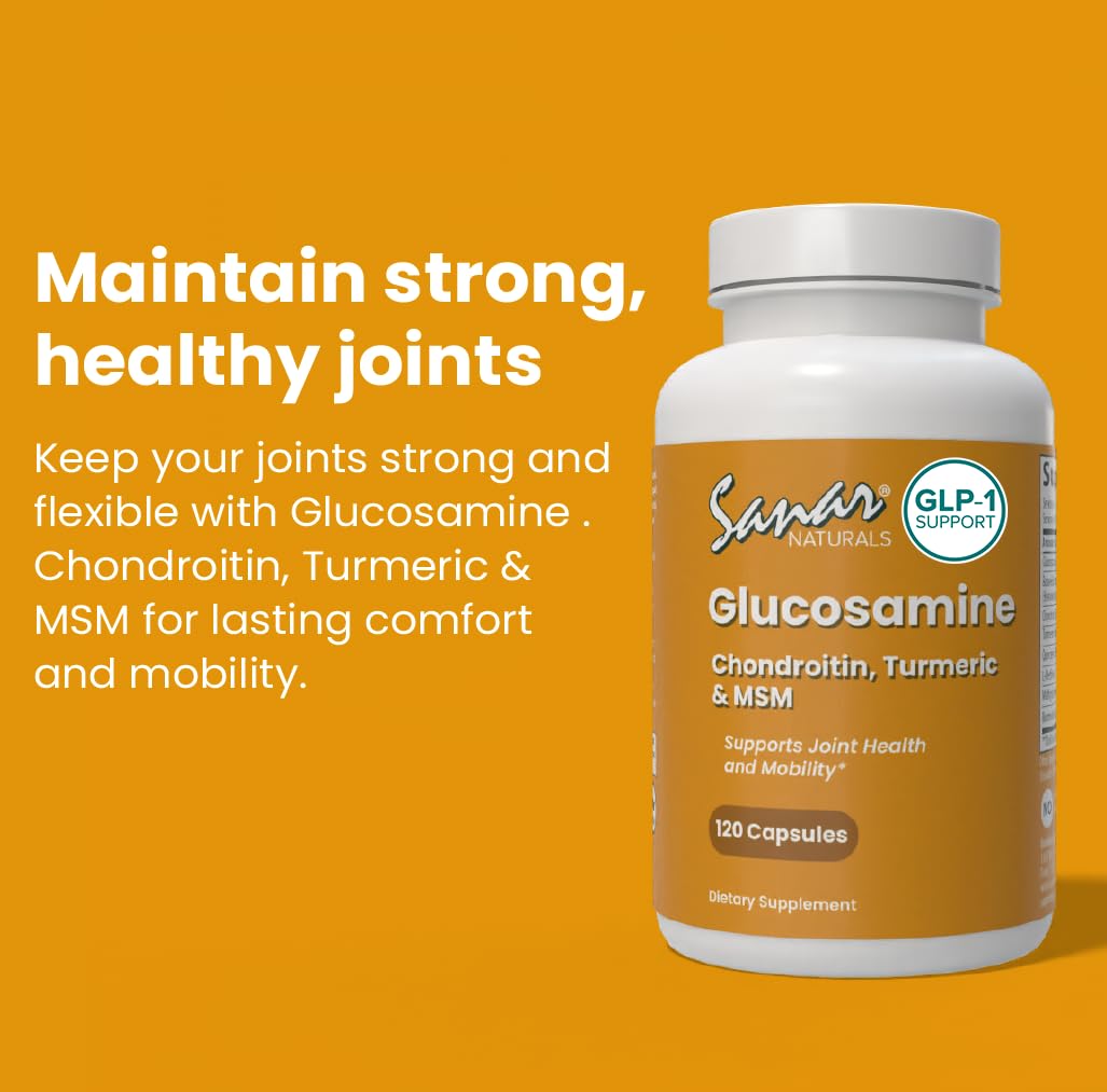 Close-up of Sanar Naturals Glucosamine Chondroitin MSM Turmeric capsules