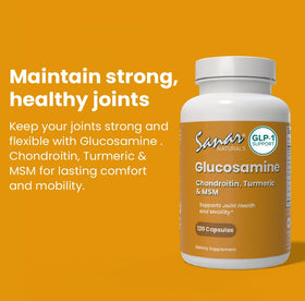 Close-up of Sanar Naturals Glucosamine Chondroitin MSM Turmeric capsules