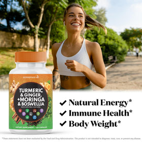 Close-up of Superfood MD Turmeric Moringa Supplement capsules