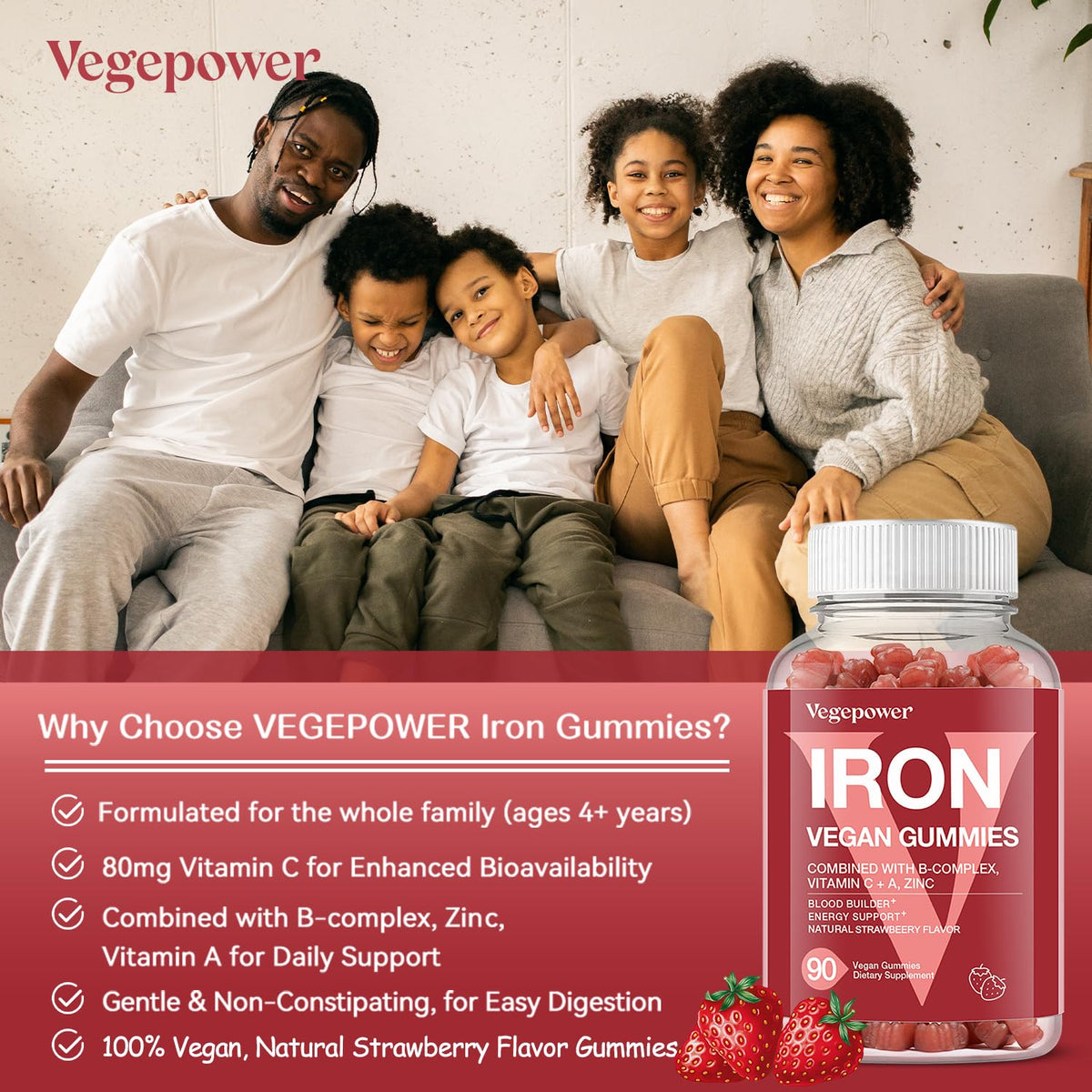 Close-up of VEGEPOWER Iron Gummies with strawberry flavour