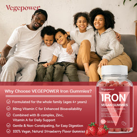 Close-up of VEGEPOWER Iron Gummies with strawberry flavour