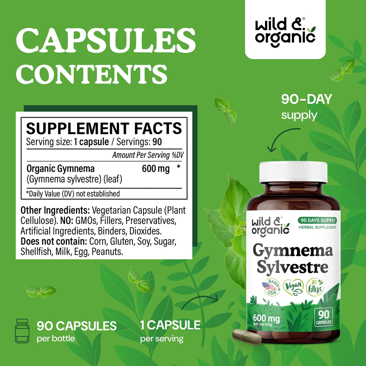 Close-up of Wild & Organic Gymnema Capsules 600 mg