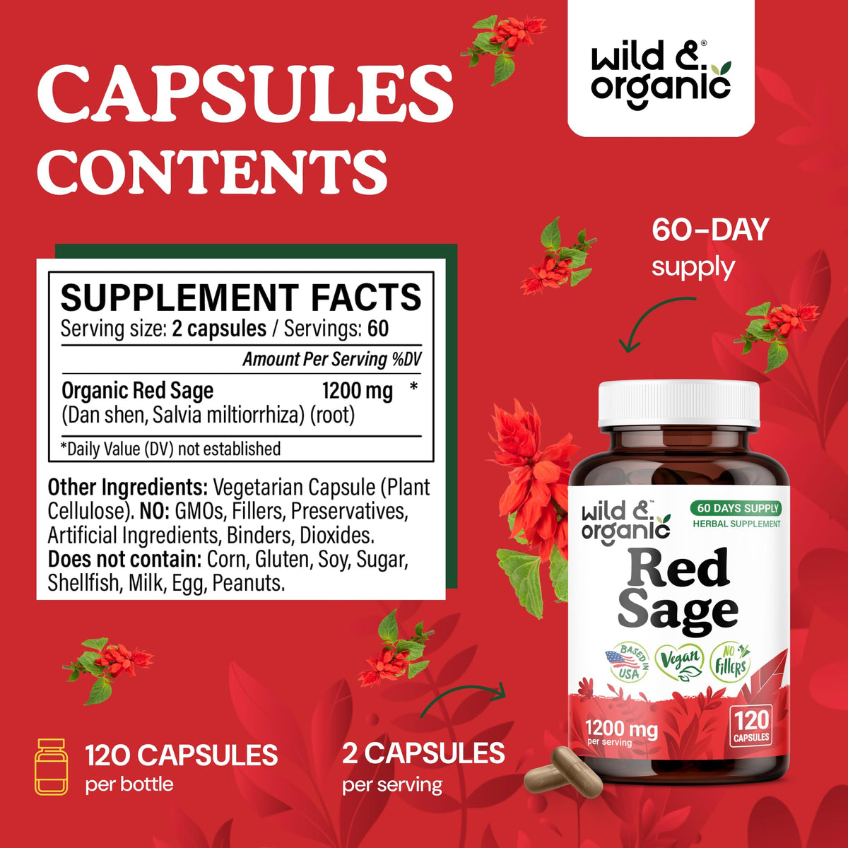 Close-up of Wild & Organic Red Sage Capsules showing capsules