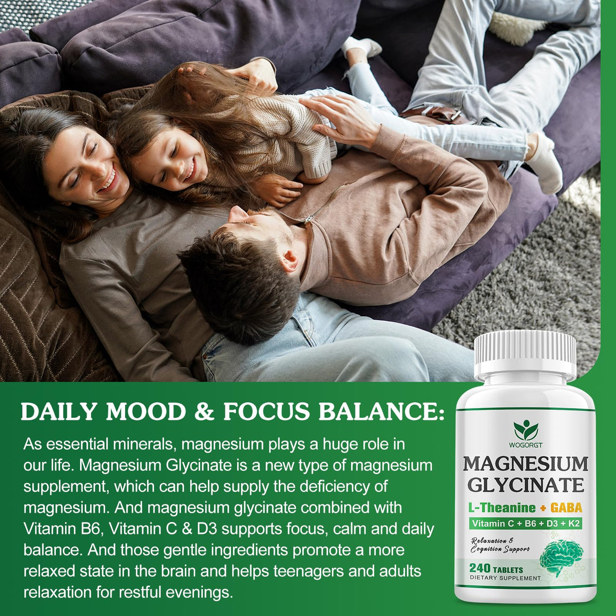 Close-up of WOGORGT Magnesium Glycinate 400mg tablets