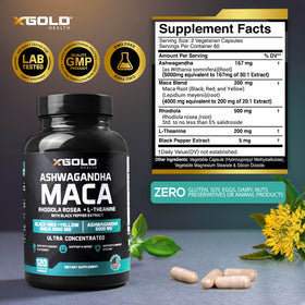 Close-up of X Gold Health Ashwagandha capsules showing size