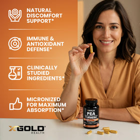Close-up of X Gold Health Pea Palmitoylethanolamide + Turmeric Curcumin capsules