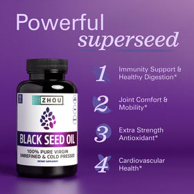 Close-up of ZHOU Black Seed Oil Capsules showing capsule details