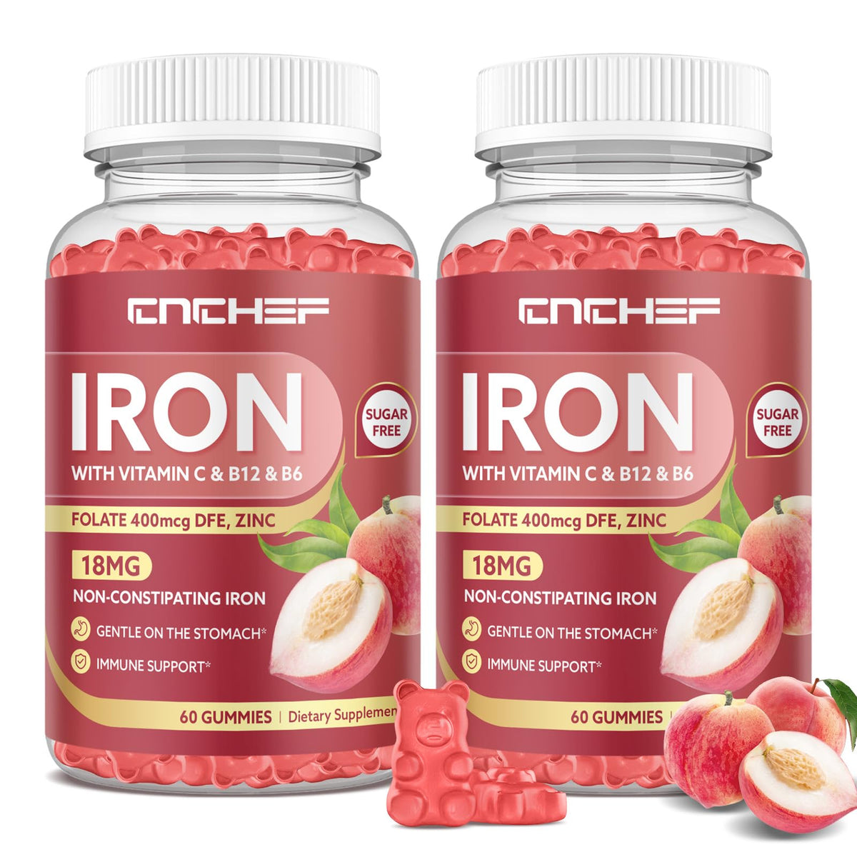 CNCHEF Iron Gummies 120 count peach flavour front view
