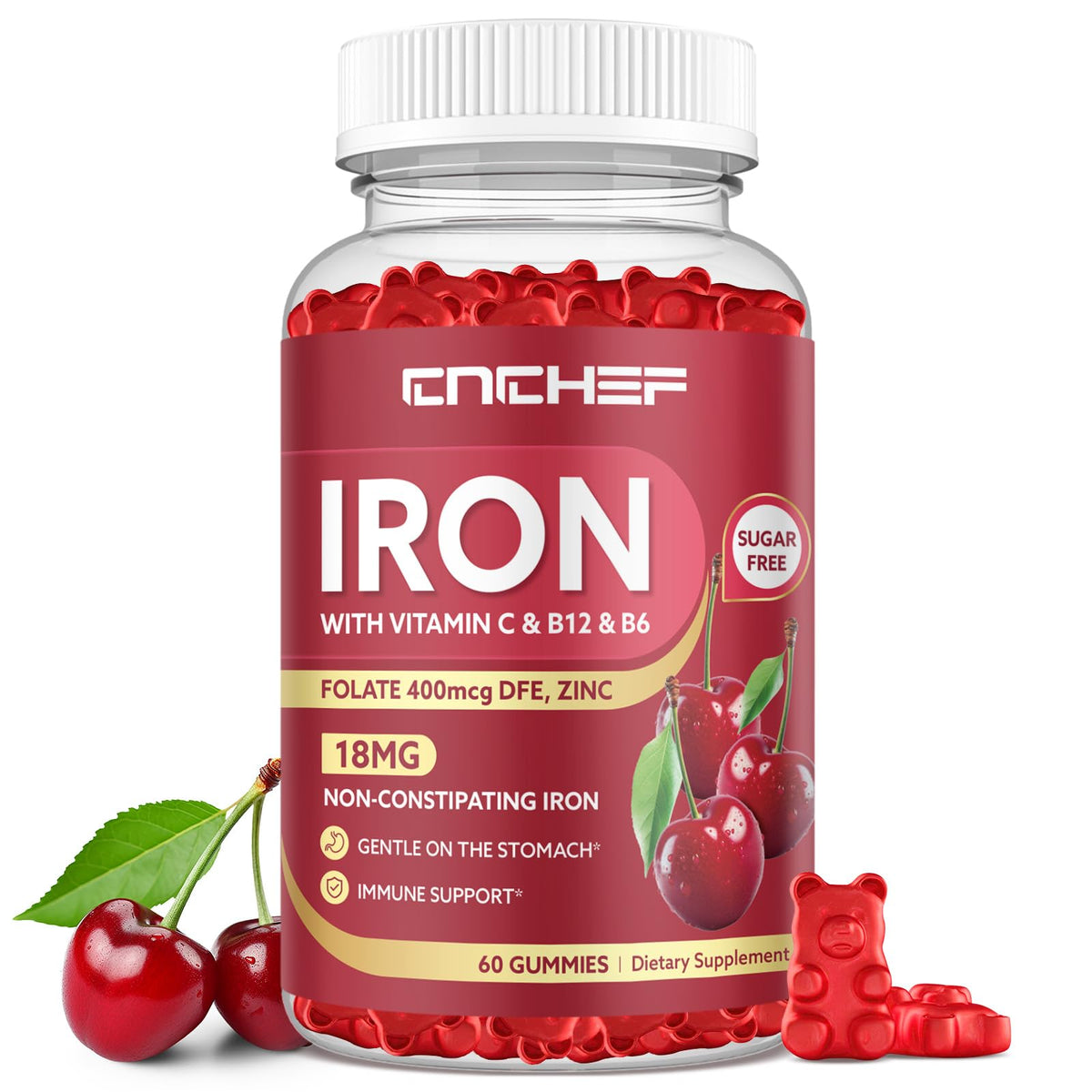 CNCHEF Iron Gummies 60 count cherry flavour front view