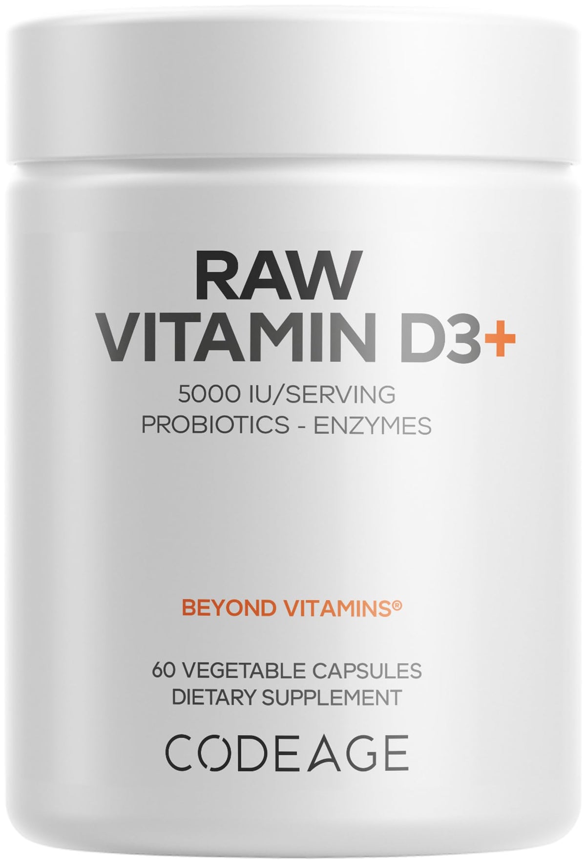 Codeage Raw Vitamin D3+ 5000 IU capsules front view