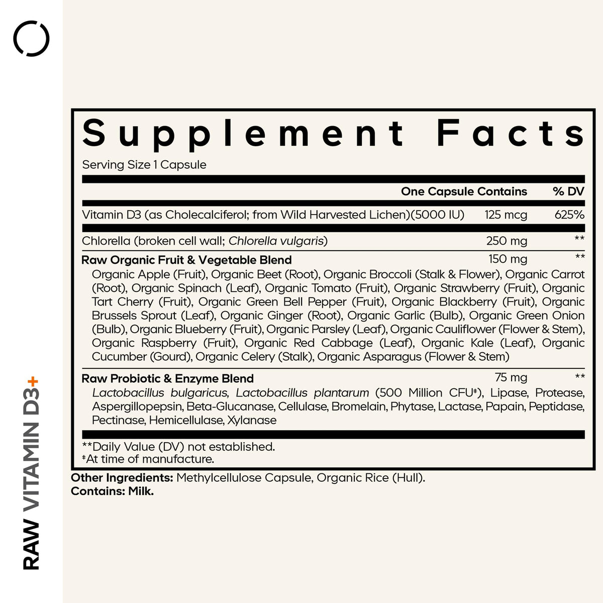 Codeage Raw Vitamin D3+ 5000 IU capsules side view