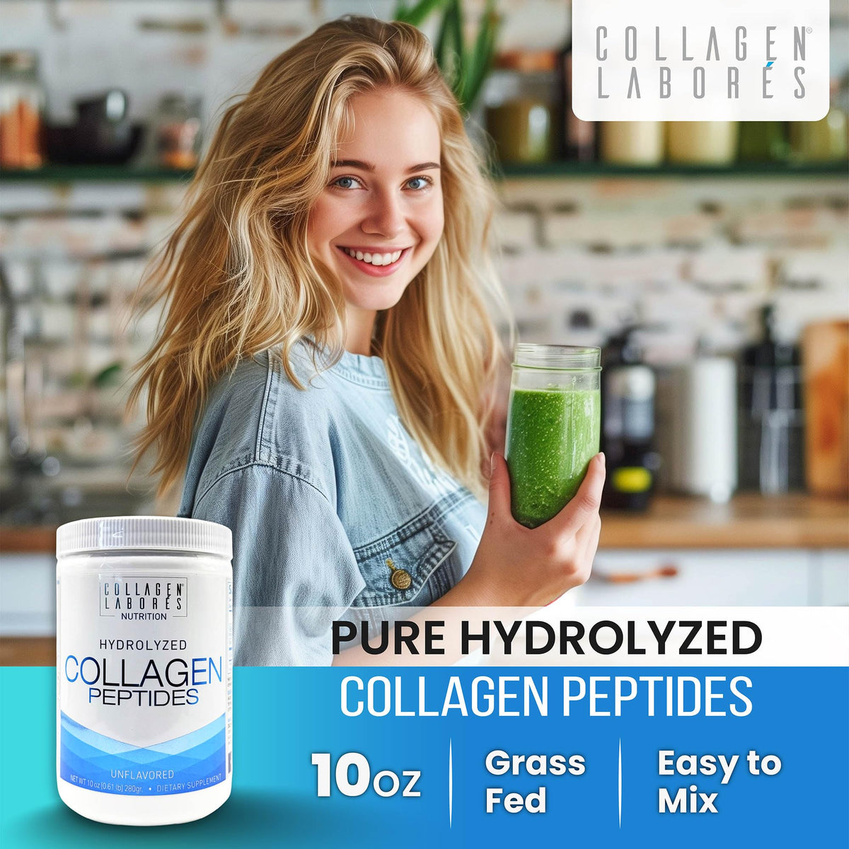 Collagen Laborés Hydrolyzed Collagen Peptides powder in a scoop