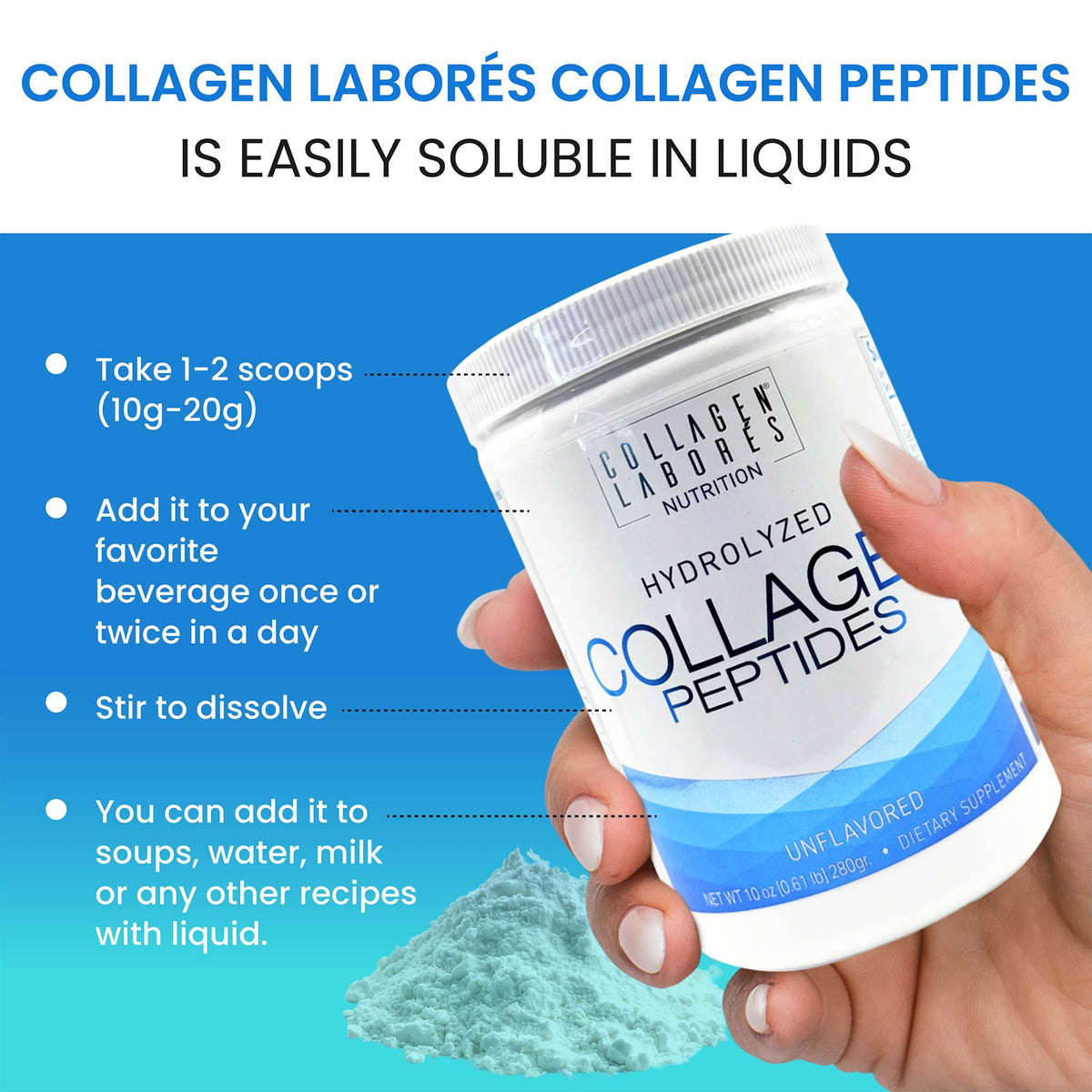 Collagen Laborés product with a measuring scoop on a kitchen counter