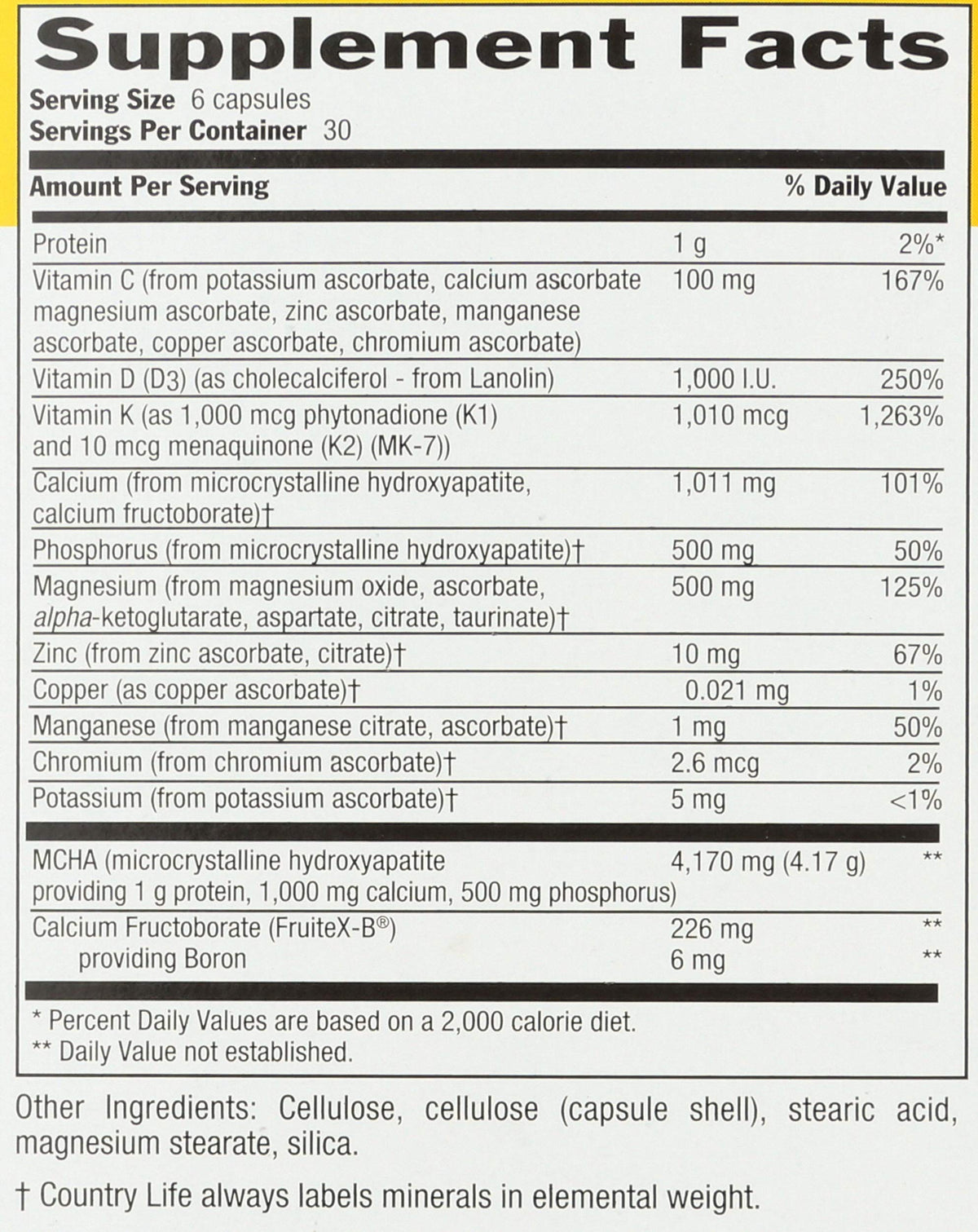 Country Life Bone Solid nutrition facts label