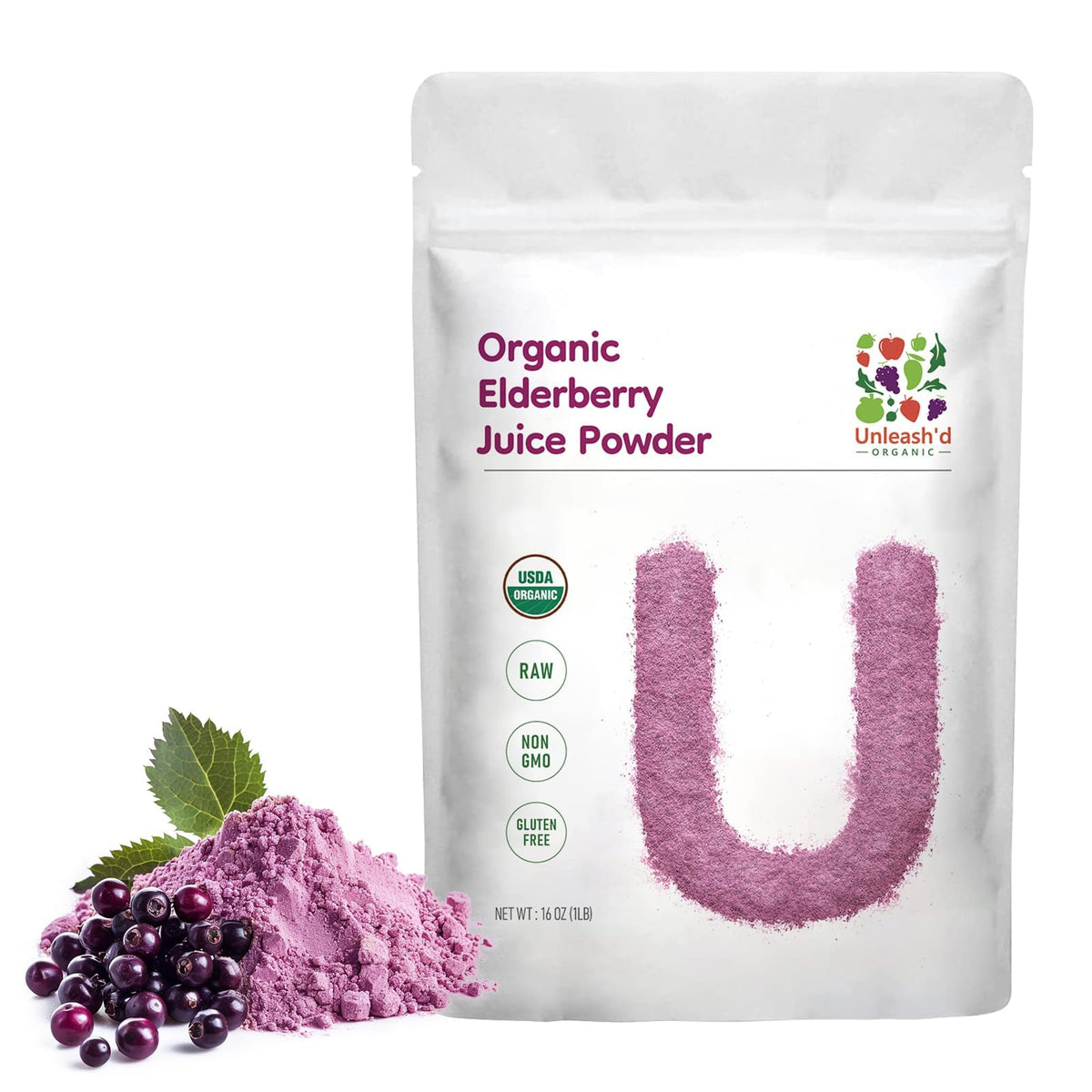 'D ORGANIC Organic Elderberry Juice Powder 16 oz packaging front view