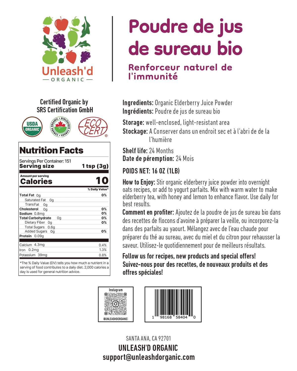 'D ORGANIC Organic Elderberry Juice Powder 16 oz scoop with powder