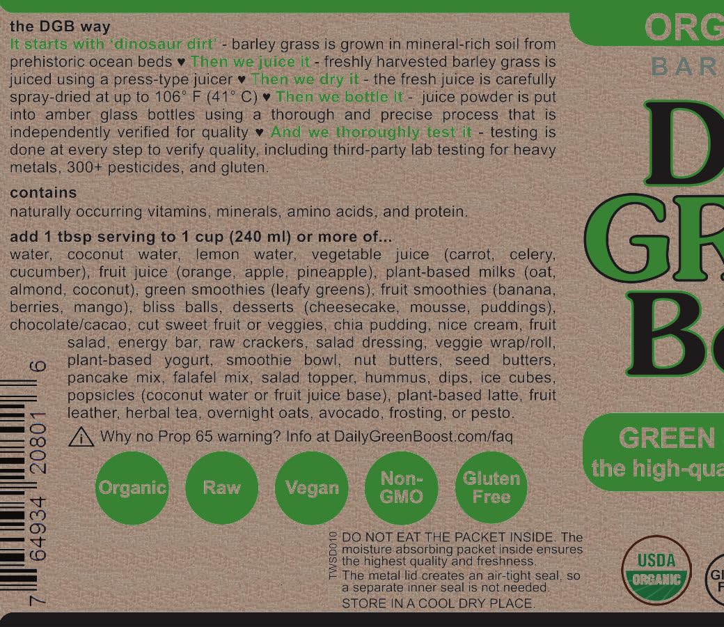 Daily Green support 8oz ingredients list on packaging