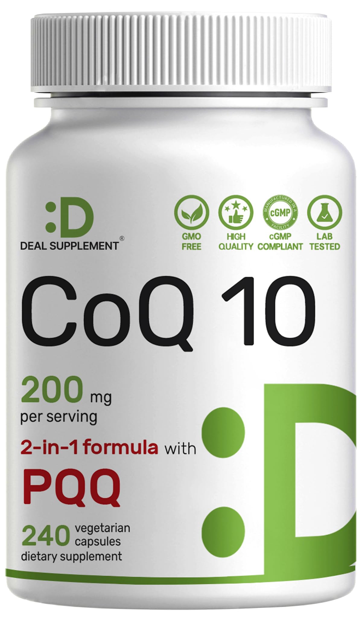 DEAL SUPPLEMENT CoQ10 200mg with PQQ 240 Veggie Capsules front view