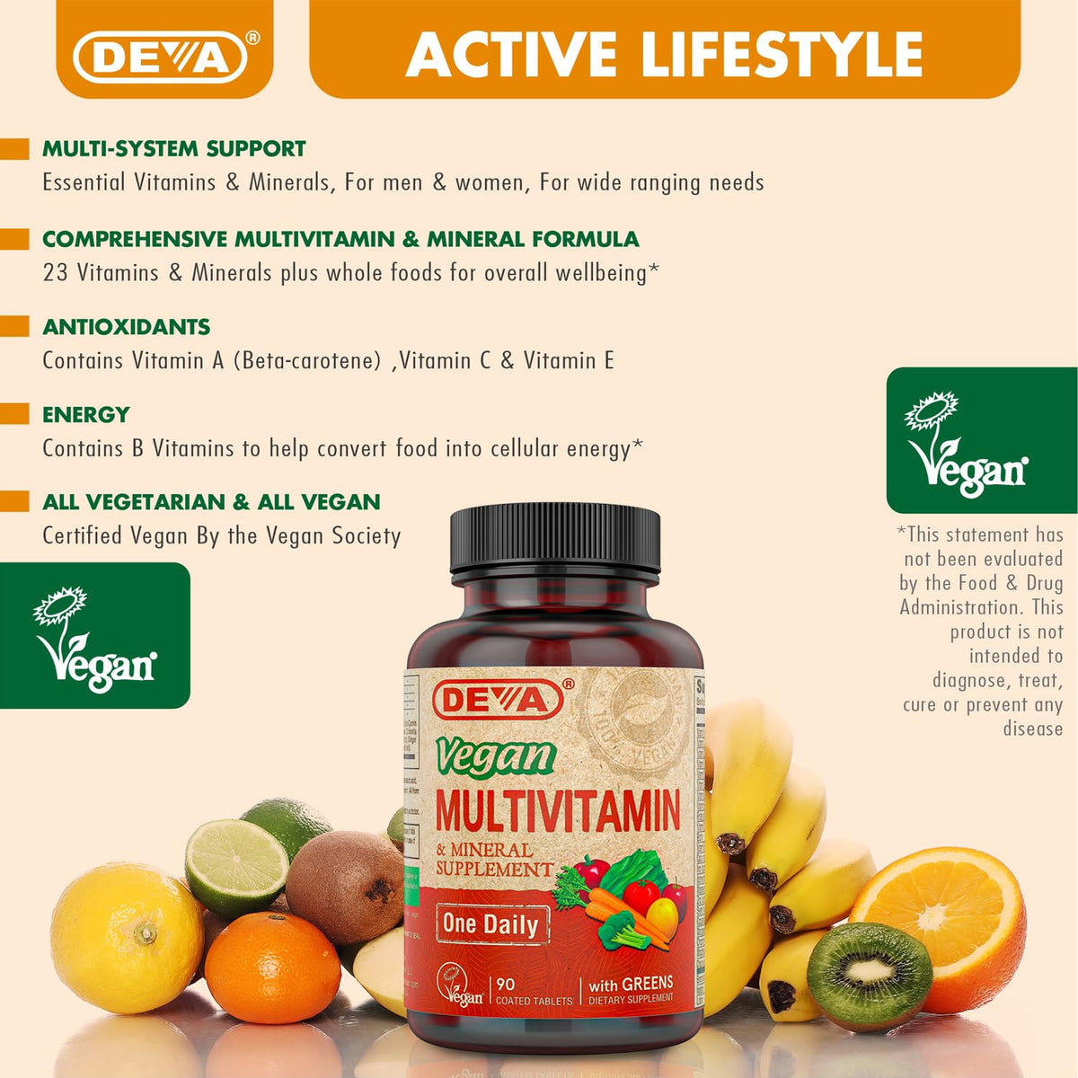 DEVA Vegan Multivitamin & Mineral Supplement on a wooden table
