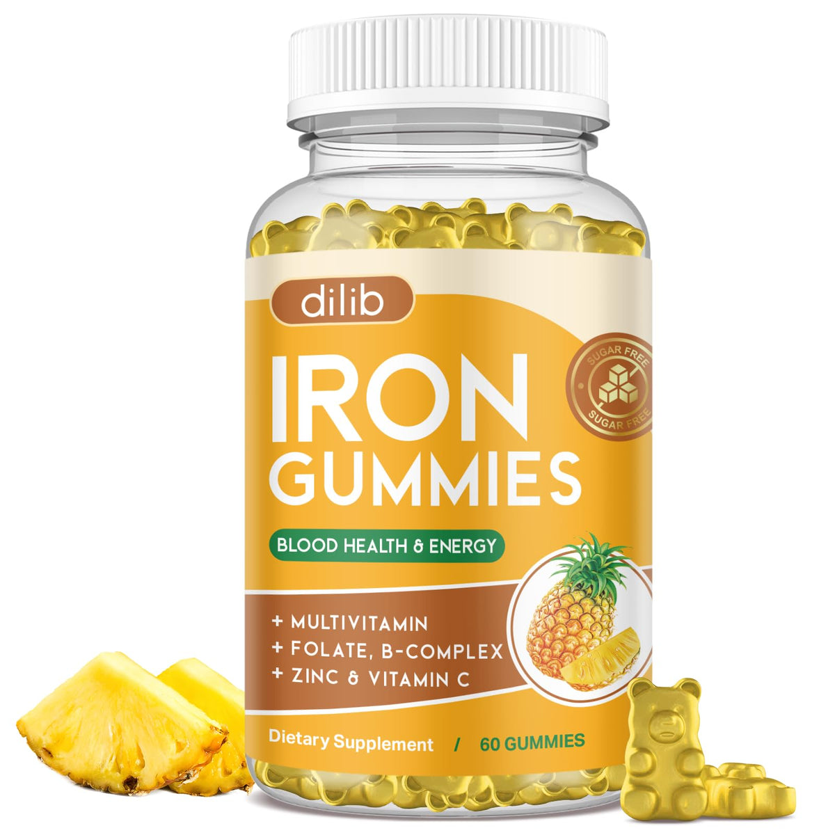 dilib Iron Gummies 60 count front view with pineapple flavour