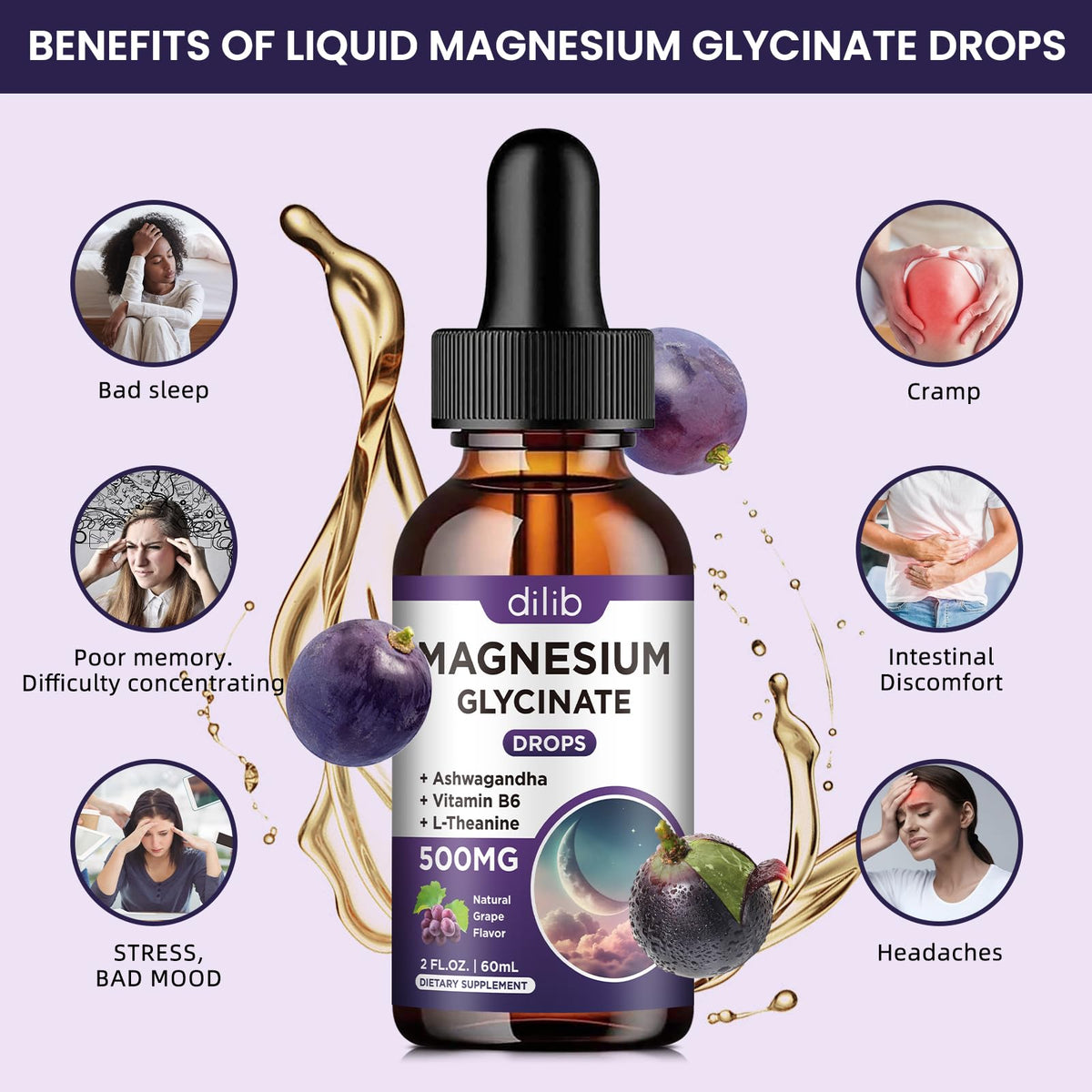 dilib Magnesium Glycinate Liquid Drops 500mg grape flavour