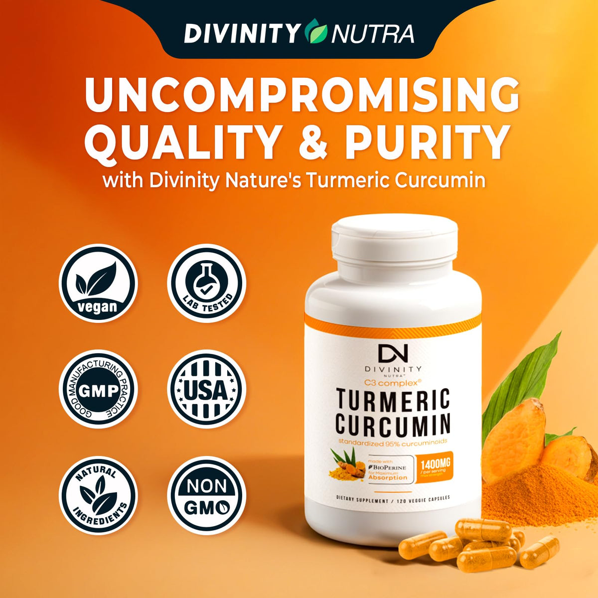 Divinity Nutra Turmeric Curcumin 1400mg capsules on a wooden surface