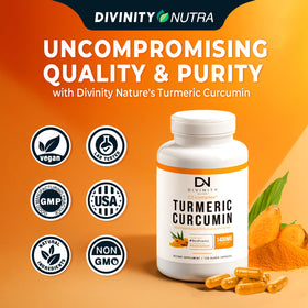 Divinity Nutra Turmeric Curcumin 1400mg capsules on a wooden surface