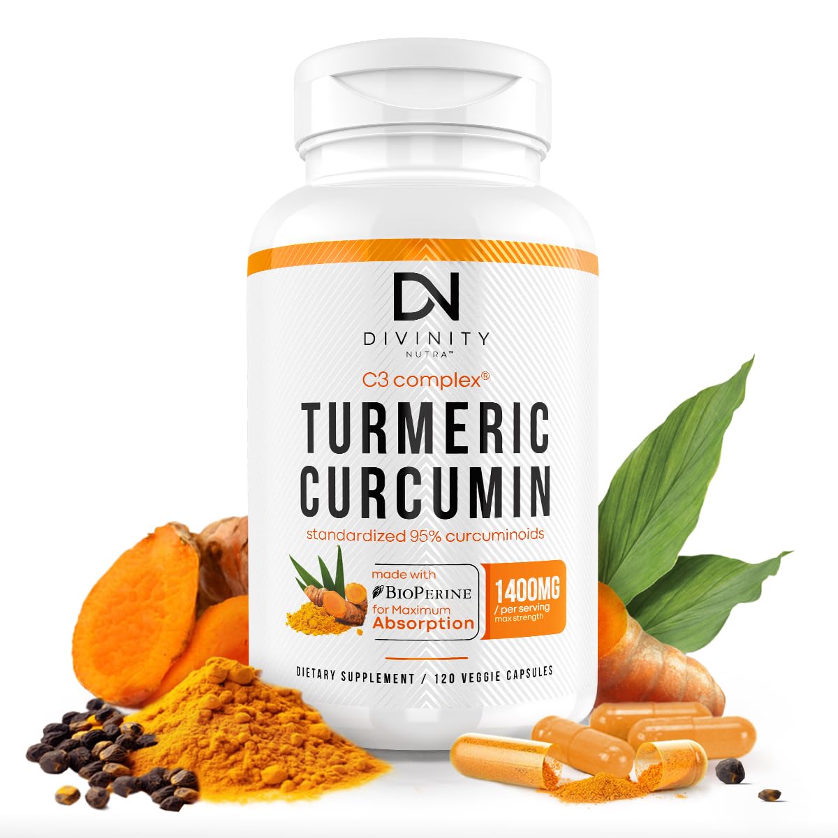 Divinity Nutra Turmeric Curcumin 1400mg front view of bottle