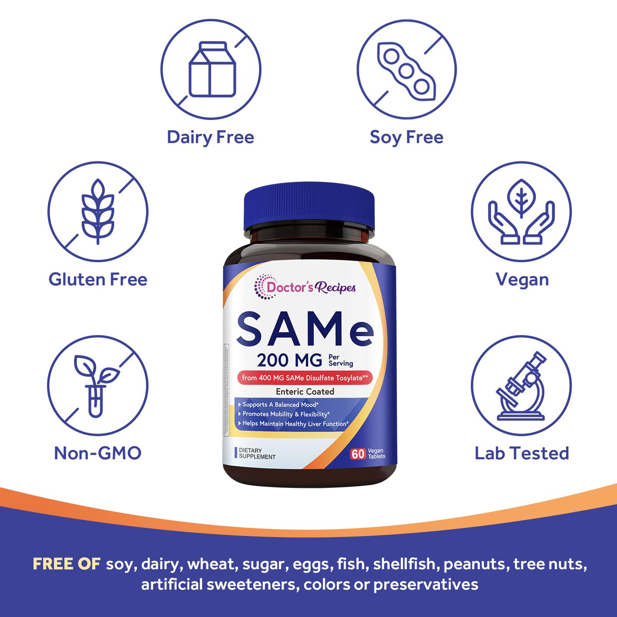 Doctor's Recipes SAM-e 200 mg vegan tablets on a wooden table