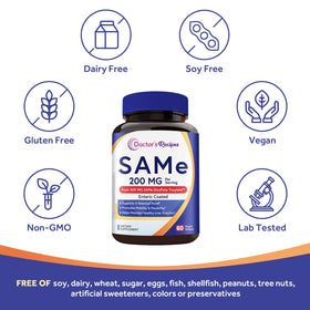 Doctor's Recipes SAM-e 200 mg vegan tablets on a wooden table