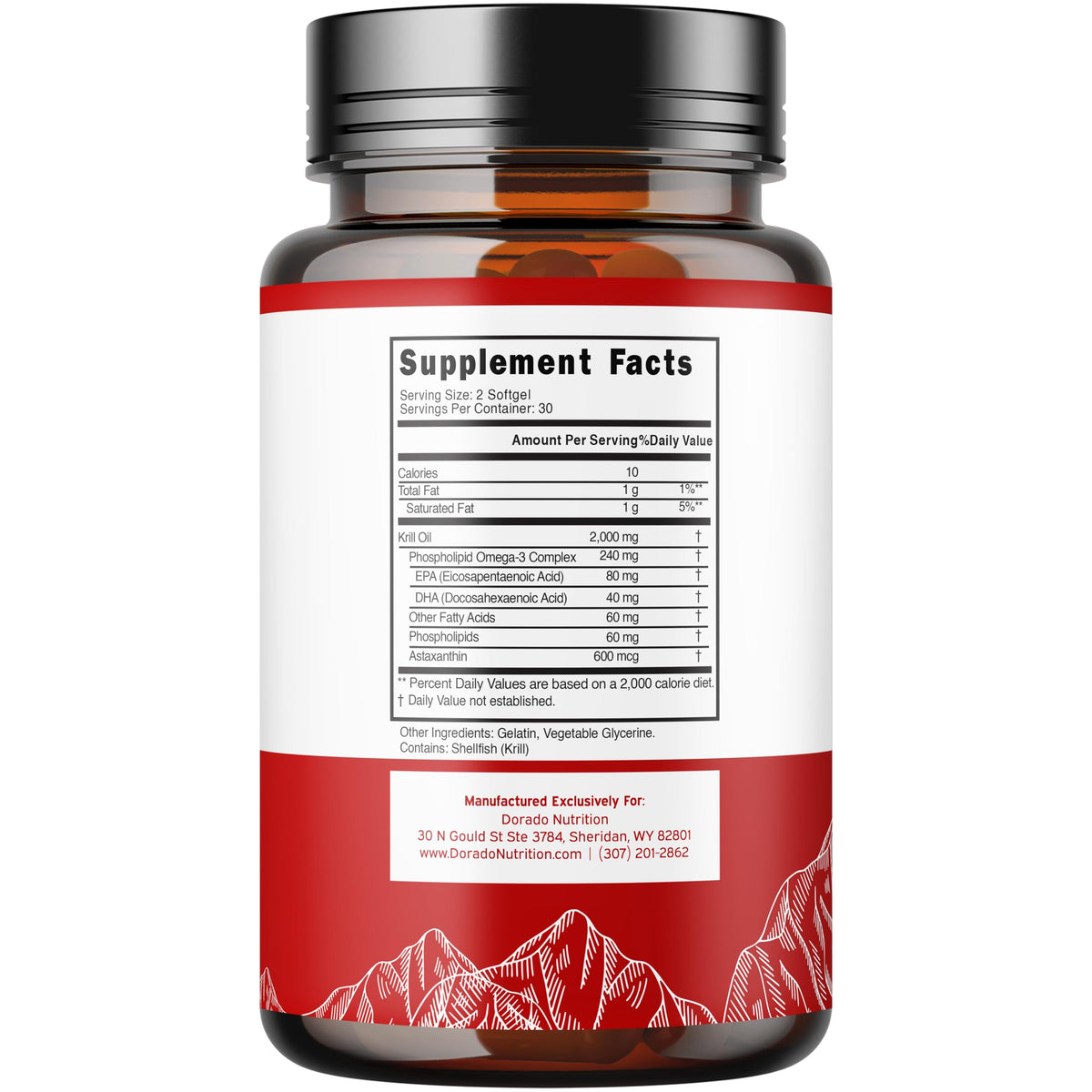 DORADO NUTRITION Antarctic Krill Oil Supplement side view with softgel