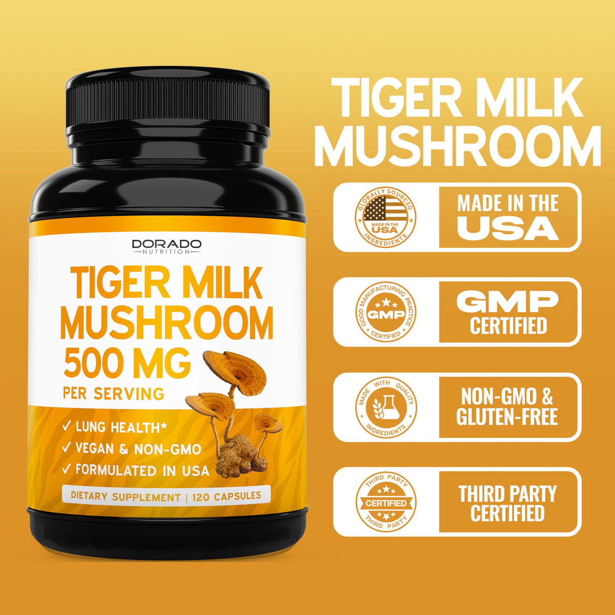 DORADO NUTRITION Tiger Milk Mushroom Supplement packaging on a wooden table